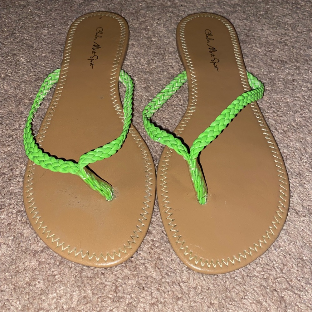 Lime green braided flip flops